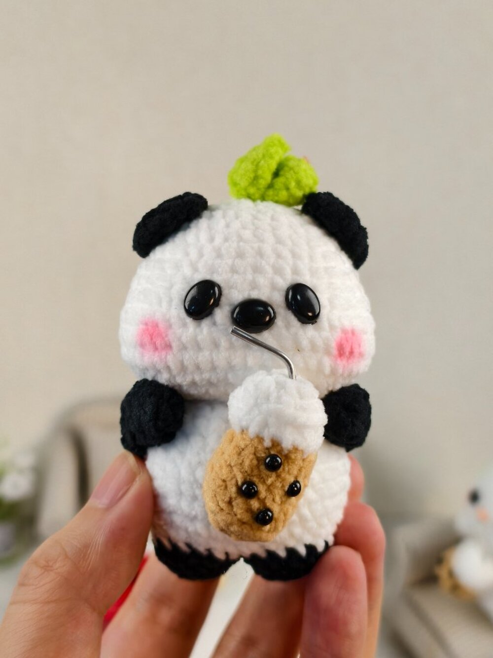 Handmade Amigurumi Crochet Panda Drinking Milk Tea Plushie